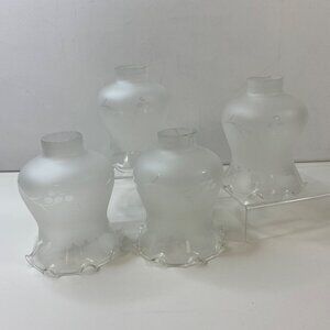 4 Vintage Frosted Glass Lamp Shades Etched Grapevine Design Ruffled Edge